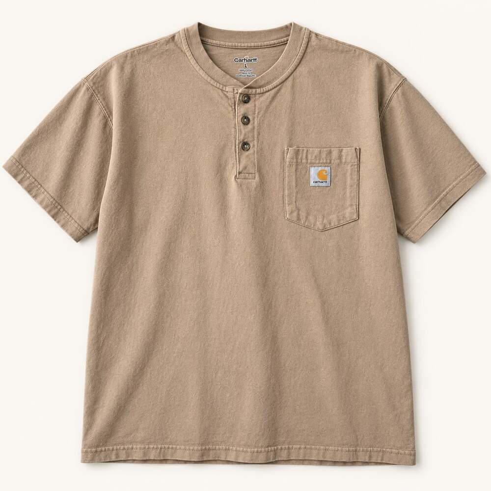 Carhartt K84 Henley Pocket T Shirt Large Tan Brown Workwear Faded